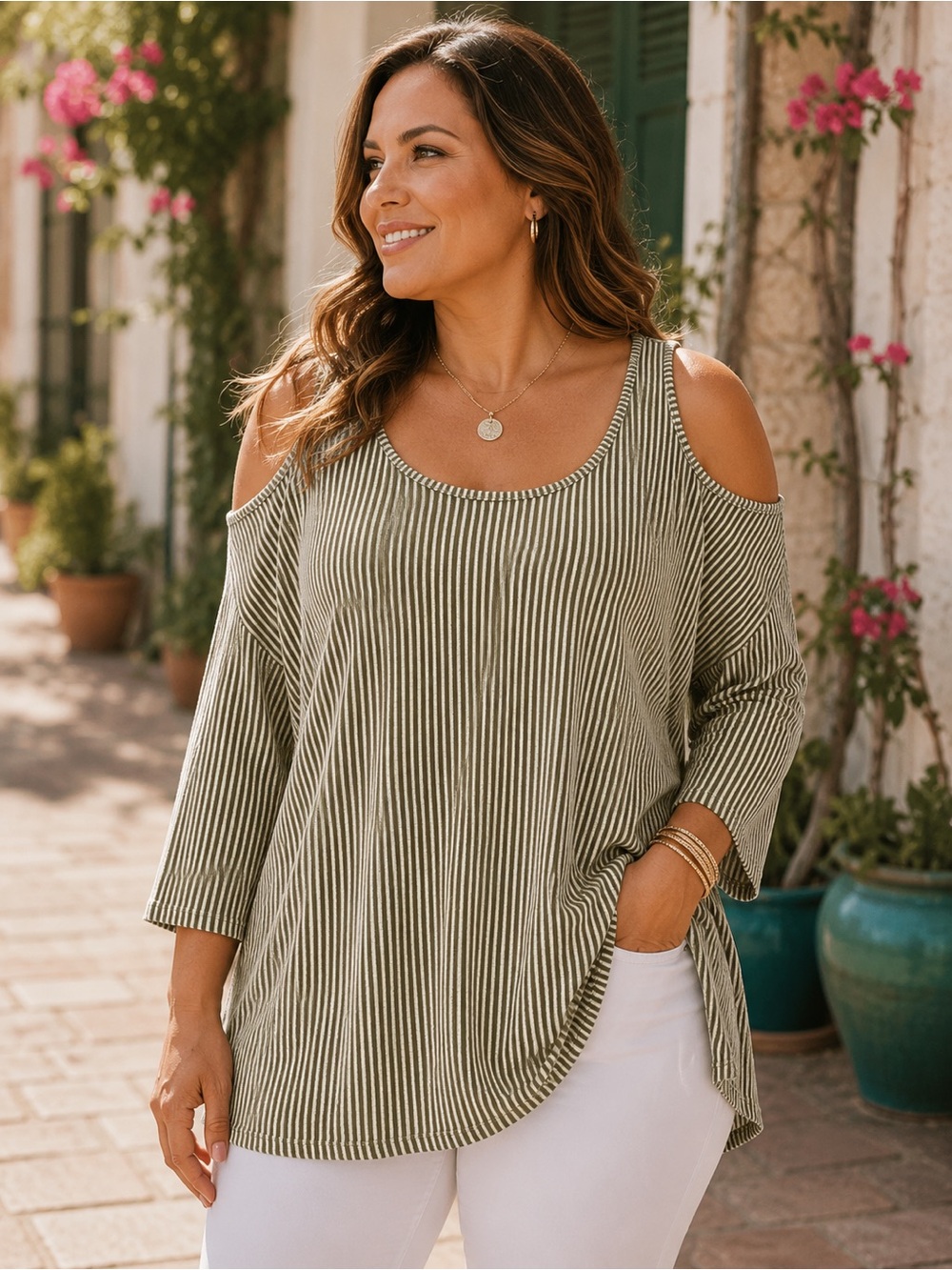 Queen Bees Womens Top Size 2X‎ Cold Shoulder Ribbed Knit Olive Green Stripe NEW